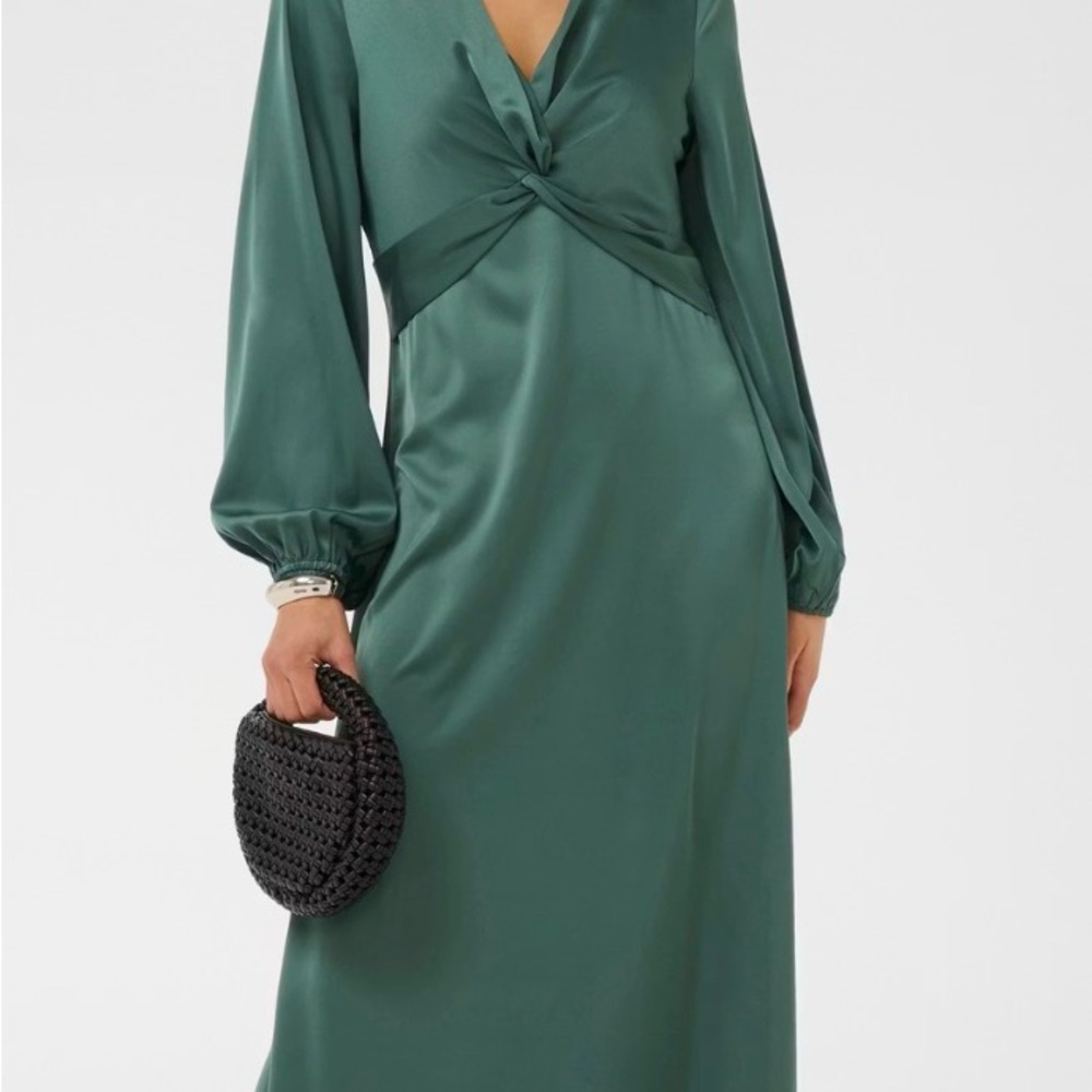 Green Satin Twist-Front Long Sleeve Dress